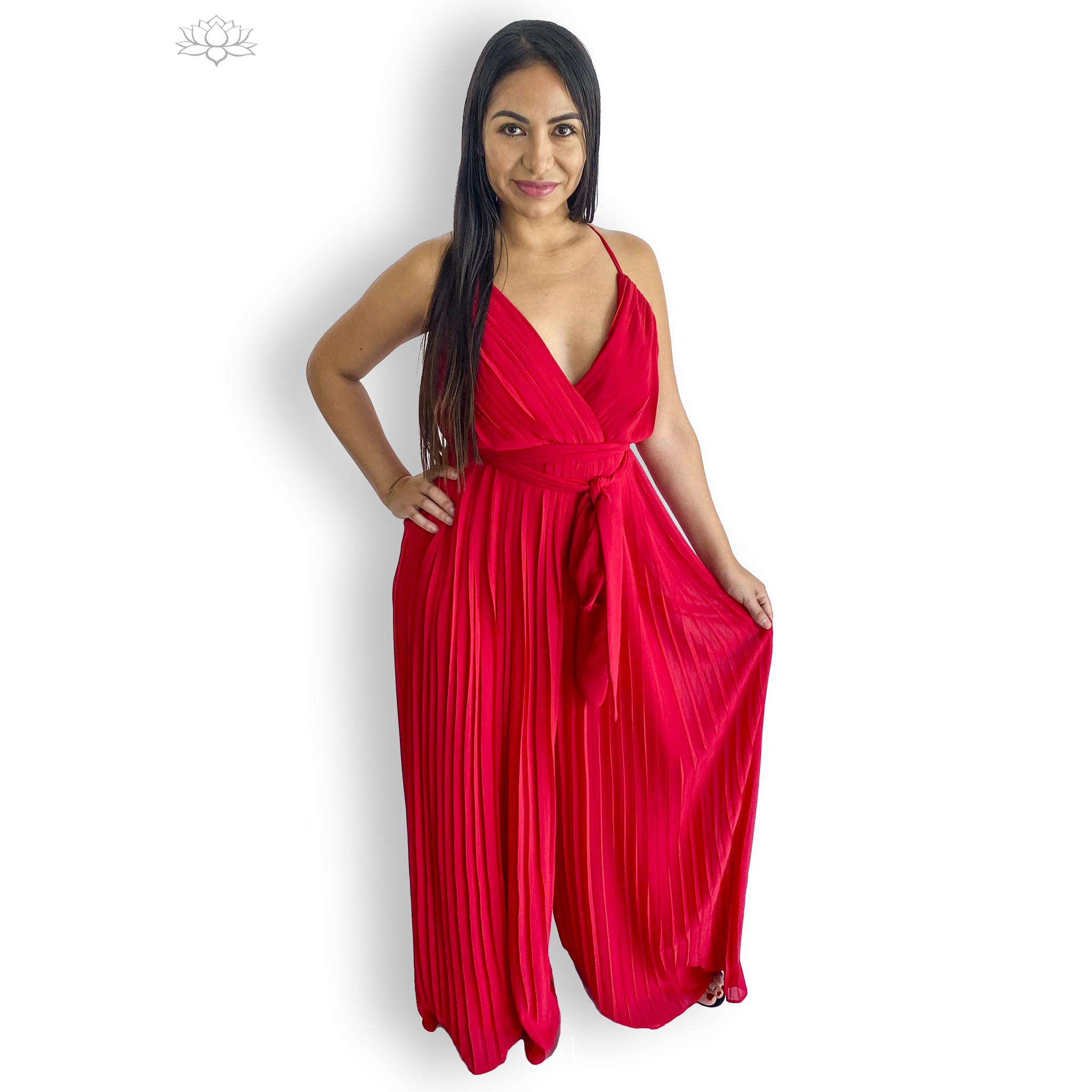 Red Flowy Pleated Jumpsuit