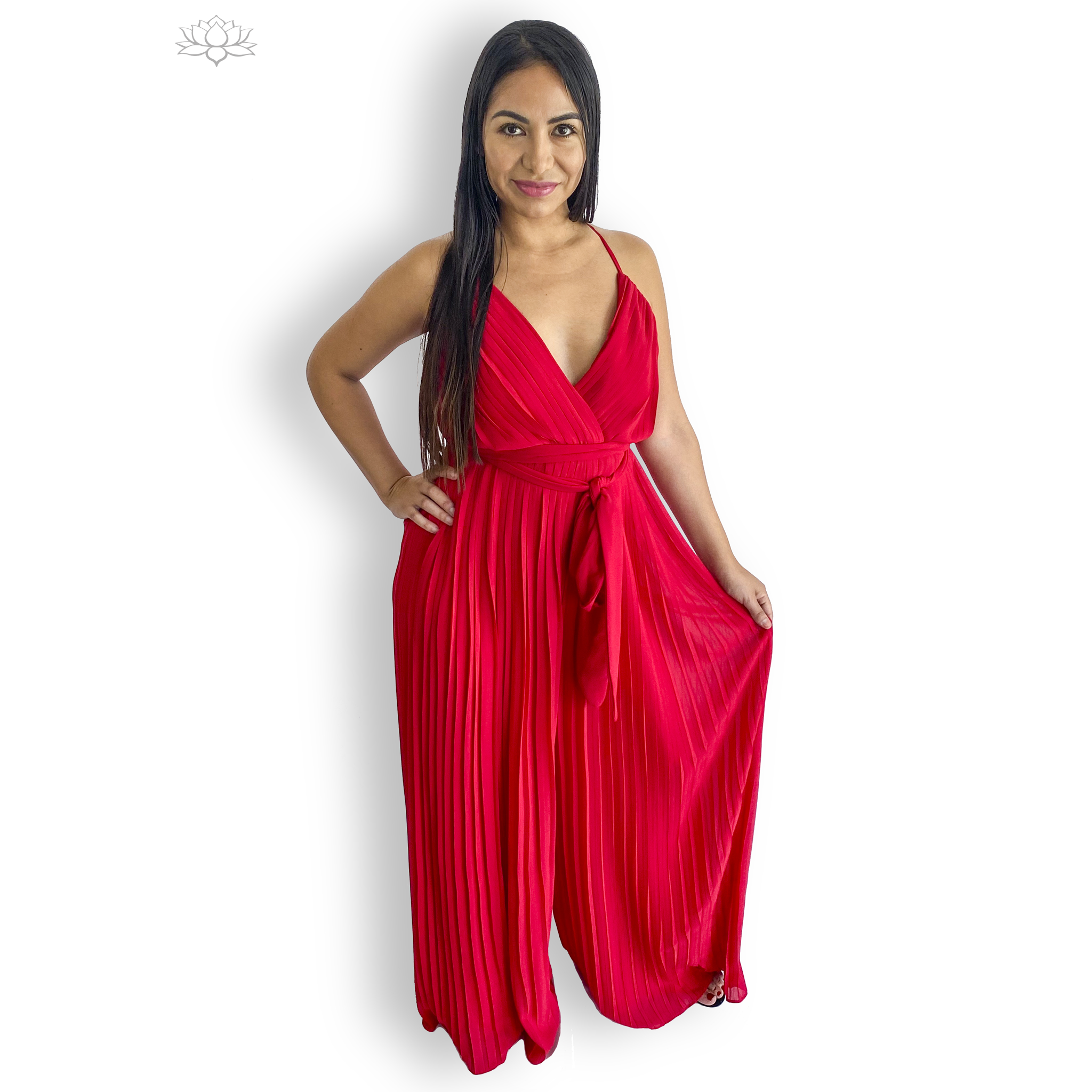 Red top pleated jumpsuit