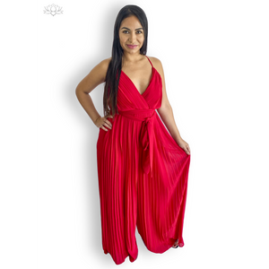 Red Flowy Pleated Jumpsuit